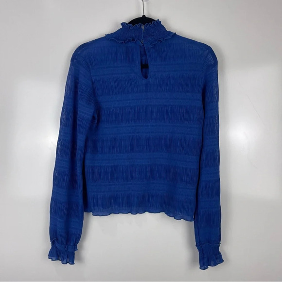 TOPSHOP Mock Neck Long Sleeve Ruffle Plisse Top Blue Size US 4 - Picture 3 of 12